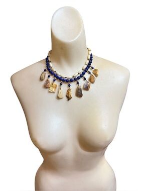Vintage Alaska Native Walrus Ivory Bone Lapis Bib Collar Choker Necklace 17.5”